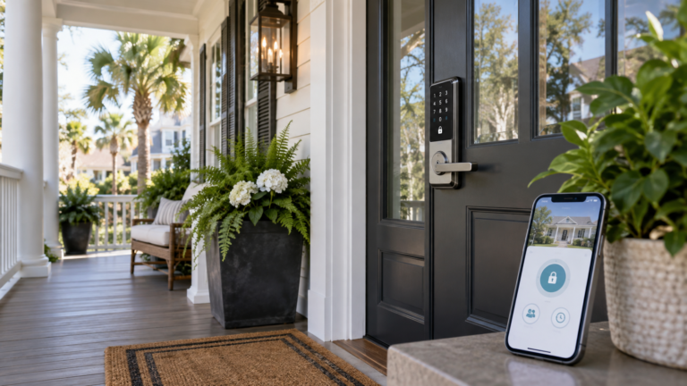 Modern smart lock keypad and smartphone access system on a residential front door showing smart home security technology.